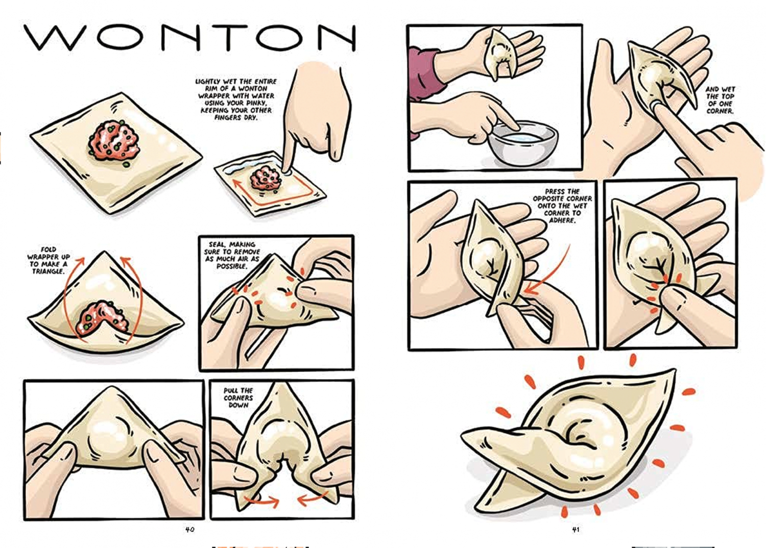 A spread from Let's Make Dumplings by Sarah Becan '98 that explains how to make a wonton.