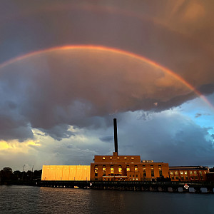 A double rainbow and late afternoon sunshine light up Beloit’s award-winning Powerhouse.