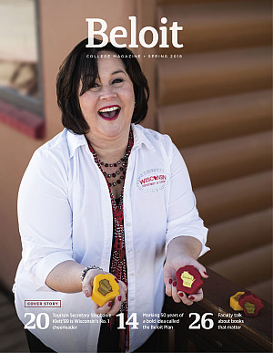    Stephanie Klett'89, Wisconsin's award-winning Secretary of Tourism, shows off her state's best-known export. 