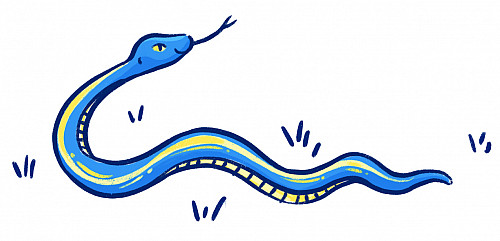 An illustration of a snake turned around, tongue out.