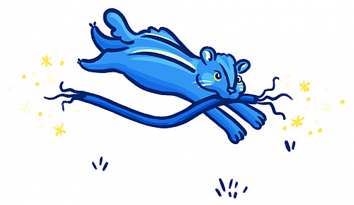An illustration of a chipmunk running with a sparking wire in it teeth.