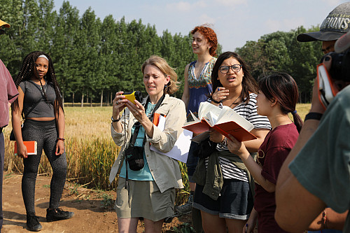 From left: Desire Piphus'20, Professor Sue Swanson, Gabby Garcia'19 , Simone Rawal'20, and Linh Do'20 take turns using a laser range find...