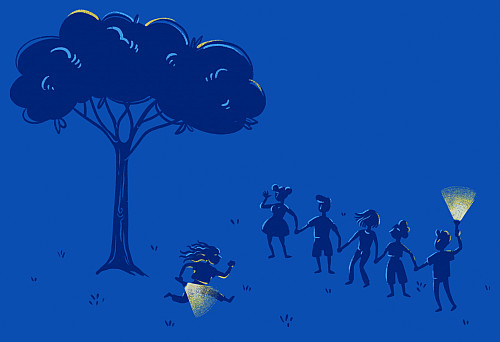 An illustration of students playing Red Rover in the dark.