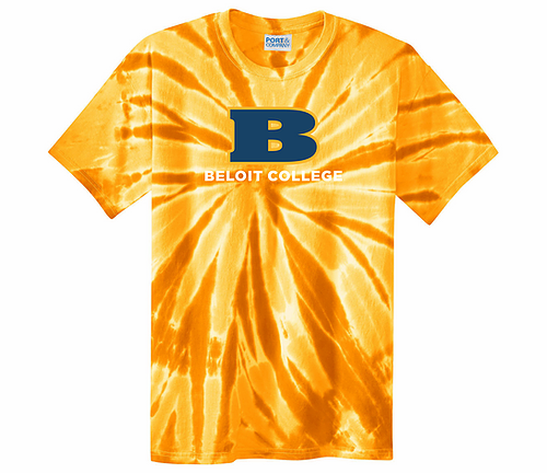 A Beloit College yellow tie dye t-shirt.