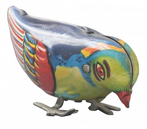 An example of Betsy Brewer's collection of vibrant painted birds from around the world.