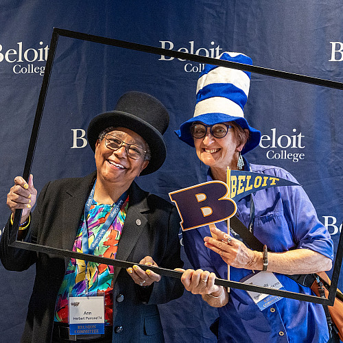 Ann Herbert Perrone'74 and Sally Frelick O'Byrne'74 show their spirit in a photo booth.