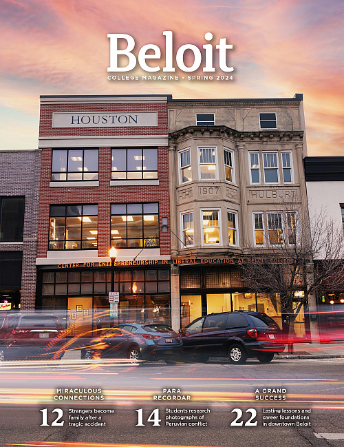 Cover of Beloit College Magazine: outside of the Center for Entrepreneurship in Liberal Education at Beloit on a busy evening.