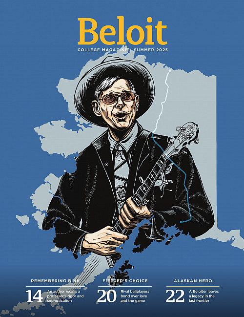 An illustration of Richard Fineberg '64, banjo in hand, within the shape of the state of Alaska.