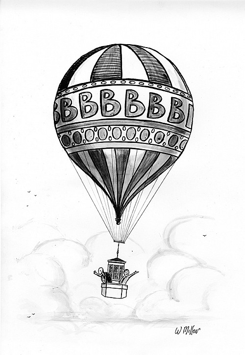 Warren Miller'60's illustration used for the Warren Miller Blue Skies Award, showing a person and a turtle on a hot air balloon with the ...