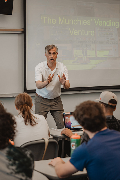 Matt Laszlo'92 shows is energy in the classroom by prompting students to be engaged.