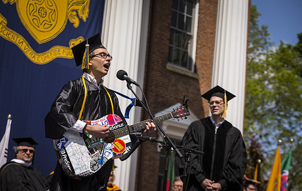 Reid Libby'16 sings an impromptu tribute to theatre professor John Kaufmann.