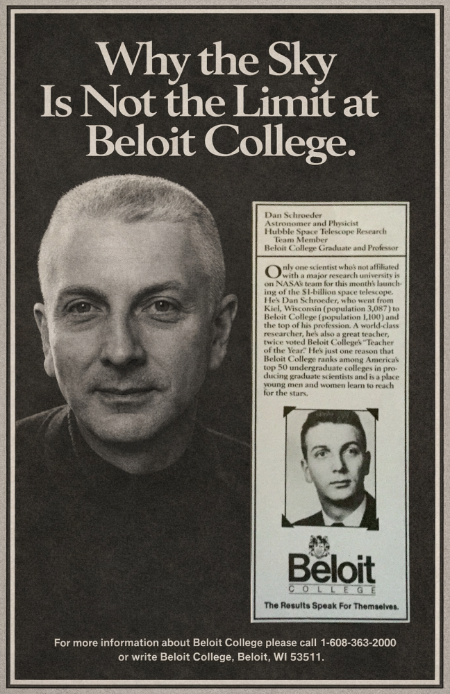 1990 Beloit College marketing poster featuring Dan Schroeder '55, professor and alumnus.