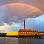 A double rainbow and late afternoon sunshine light up Beloit’s award-winning Powerhouse.